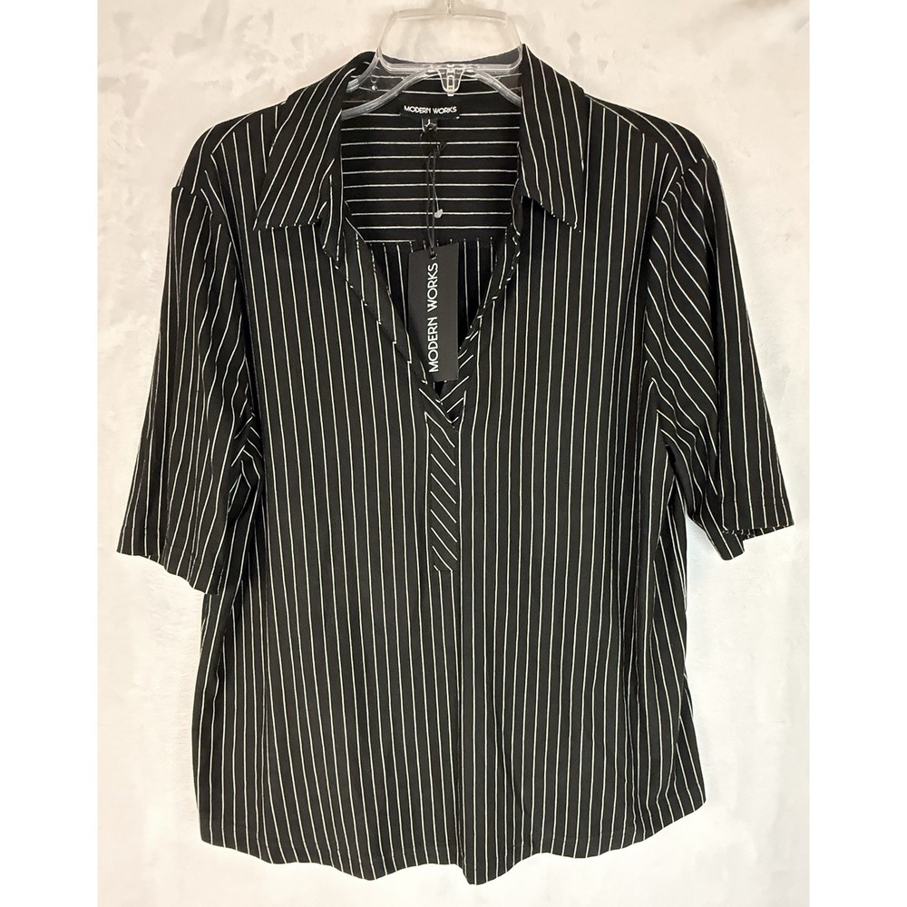 Modern Works Black Pinstripe Blouse L Collared Short Sleeve Minimal Chic Career